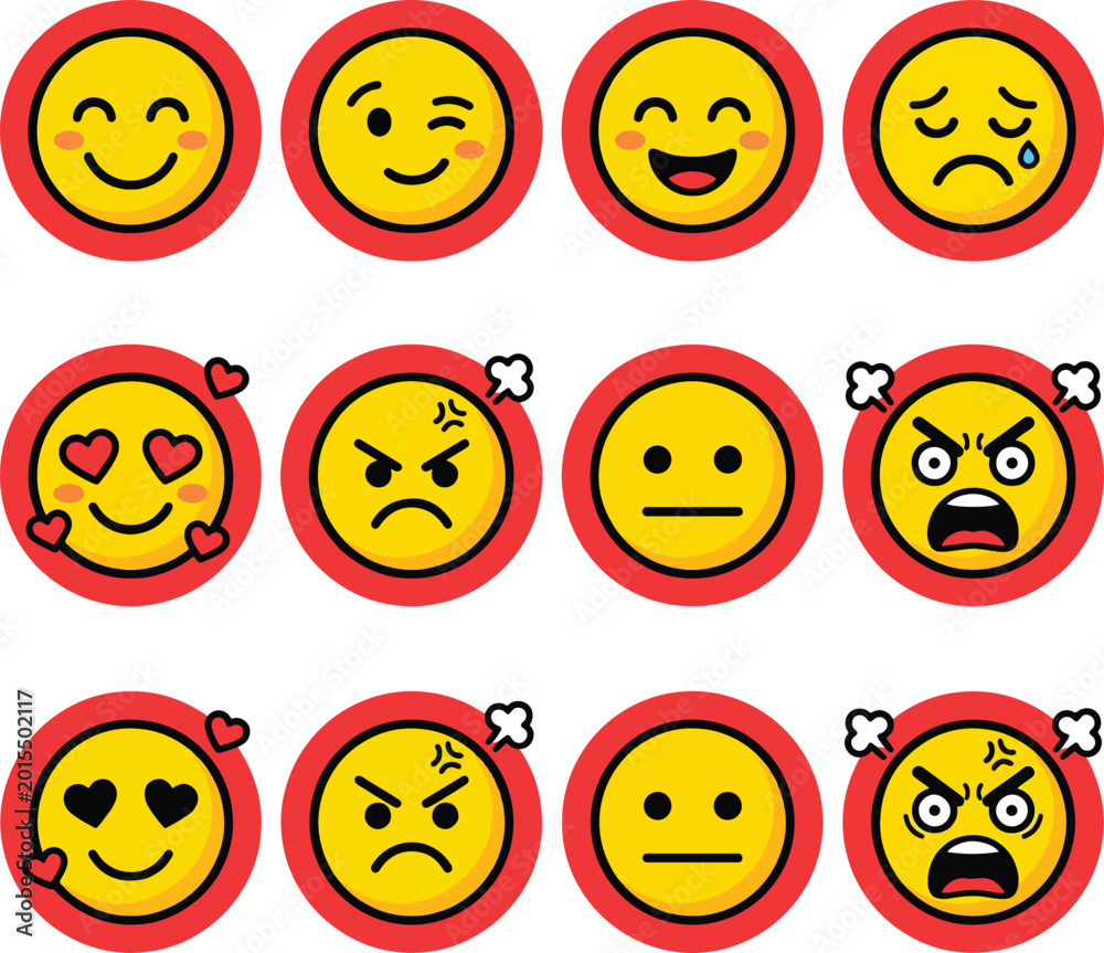 Fototapeta premium Set of twelve yellow emoji faces showing various emotions and expressions on red circular backgrounds