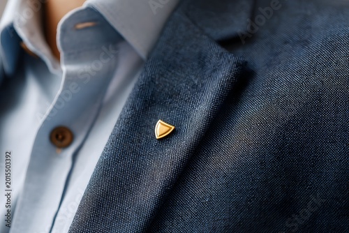 A lapel pin is displayed on a suit jacket, indicating a professional appearance