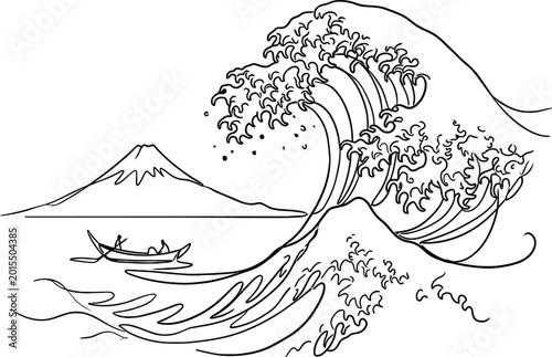 Wave and mountain line drawing black and white illustration