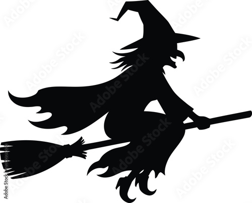 Bild auf Leinwand Halloween witch silhouette flying on broomstick, spooky black sorceress vector i
