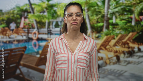 Fotografie Woman grimaces with scrunched face by the outdoor hotel pool lined with wooden loungers and framed by palm trees; disgust