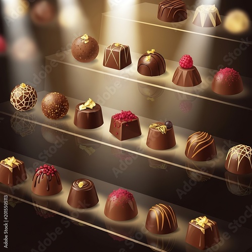 Assorted chocolates on display shelves.
