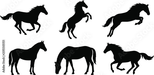 Billede på lærred Black horse silhouettes set, 6 vector stallion icons in various poses, galloping
