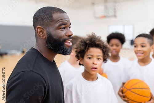 African American coach speaks to diverse young basketball players in gymnasium
