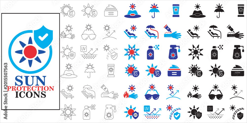 Fototapeta premium sun protection icon set bundle. summer, skin, sunscreen, protection, shield, safety, spf, sunlight, cream and more. simple flat complete vector