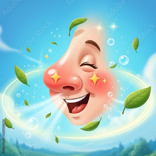 Smiling Face with Green Leaves and Bubbles.