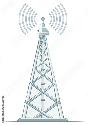 Cartoon illustration of a radio tower with radiating signal waves for communication.