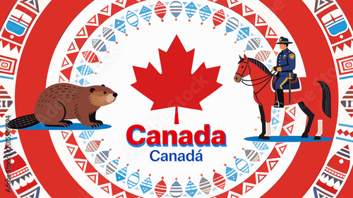 A vibrant illustration celebrating Canada with its iconic maple leaf, a beaver, and a mounted police officer, set against a decorative cultural background.