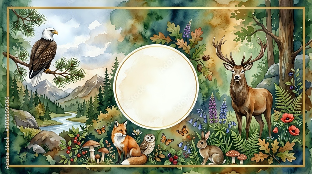 Fototapeta premium Watercolor forest scene with eagle, deer, fox, owl and rabbit surrounding a blank round frame, vibrant wildflowers and trees in background.