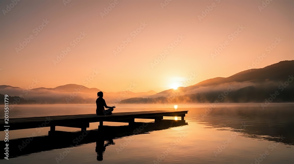 Fototapeta premium Person meditating on wooden dock at sunrise over misty mountain lake with golden light reflection creating peaceful zen atmosphere for wellness content.