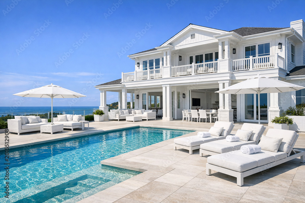 Fototapeta premium Spacious coastal estate offering a serene atmosphere, perfect for relaxation and entertaining guests.