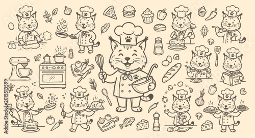 Foto Vector doodle set of bobcat chef mascots and kitchen tools.