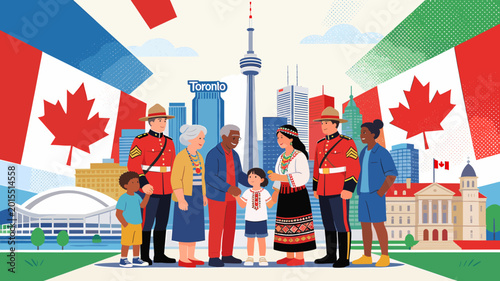 Diverse group of people representing Canada's multiculturalism with iconic Toronto landmarks and Canadian flags in the background.