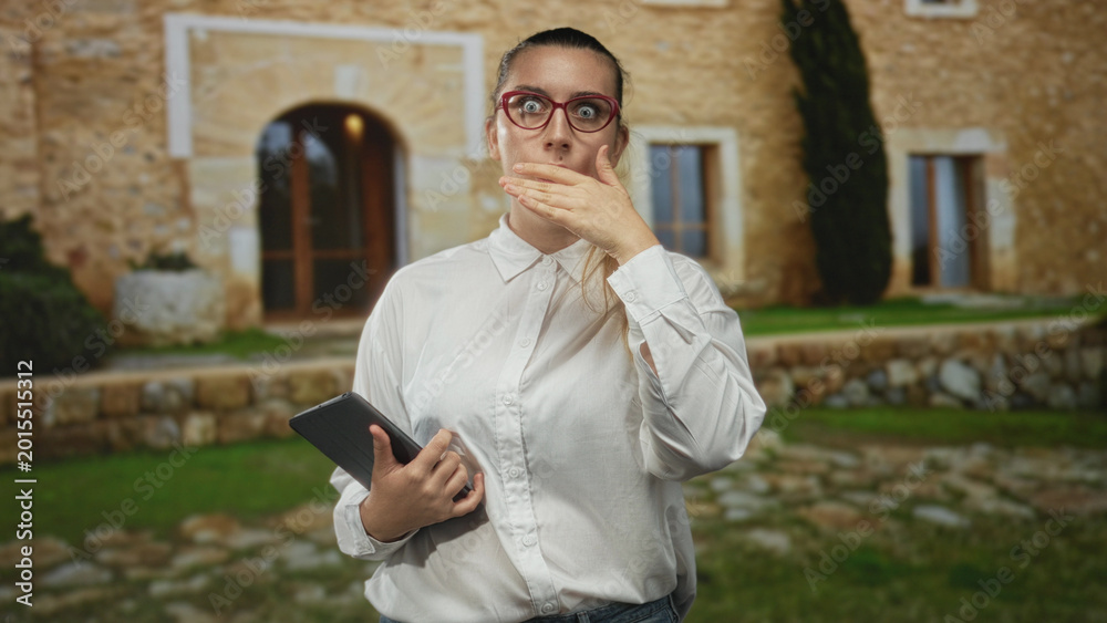 Fototapeta premium Woman wearing red glasses and white shirt holding a smartphone and hand to ear at a stone building courtyard; curiosity seeking answers.