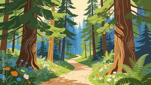 Obraz na plátně A winding dirt path through a vibrant, sun-dappled forest with tall evergreen trees and colorful wildflowers