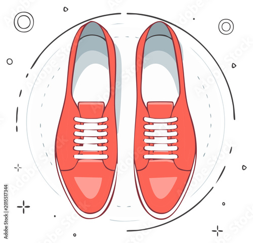 Top view of red canvas sneakers with white laces inside a circular graphic element