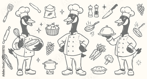 Vector doodle set of Canada goose chef mascots and kitchen tools.