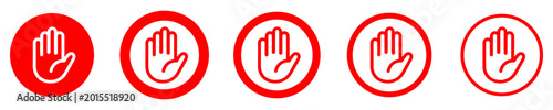 Set of red linear open palm icons in circular frames. Symbols for stop gesture, greeting, or helping hand with different stroke weights on a white background. Vector illustration.