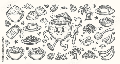 Schilderij op canvas Vintage Filipino Halo-Halo Dessert Mascot and Tropical Shaved Ice Sweet Treat Do