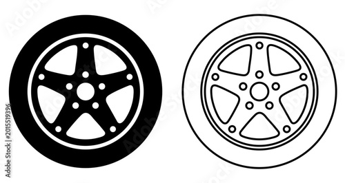 Fotografie Set of car wheel icons with alloy rims in silhouette and line styles