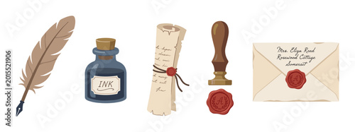Vintage writing tools and correspondence elements collection, including a feather quill, ink bottle, sealed scroll, and envelope, evoking a sense of historical communication.
