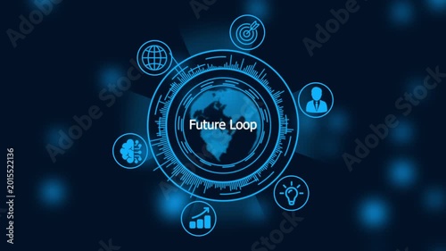 Digital global business network hud interface with rotating earth and data analytics for tech presentations