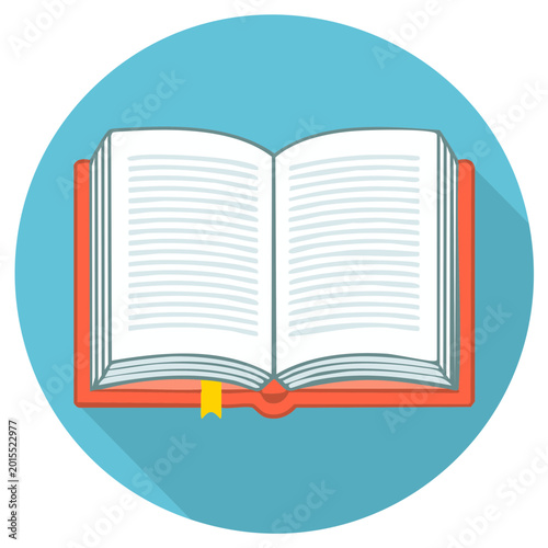 Opened book icon with red cover and bookmark in flat design style representing education knowledge and study