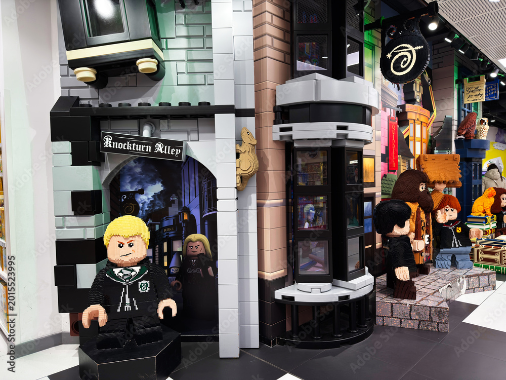 Obraz premium Lego Knockturn Alley Harry Potter display in a London UK store with brick figures and themed wizard window scene