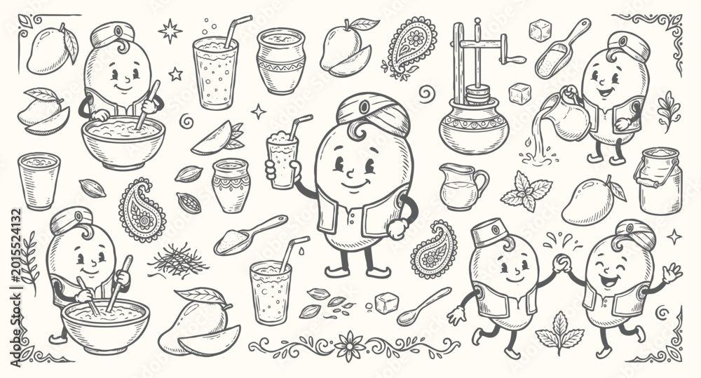Fototapeta premium Vintage 1930s Rubber Hose Style Mango Lassi Mascot and Indian Yogurt Beverage Doodle Set