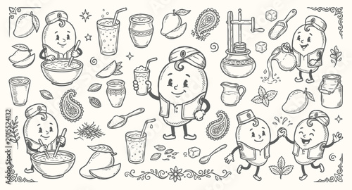 Vintage 1930s Rubber Hose Style Mango Lassi Mascot and Indian Yogurt Beverage Doodle Set
