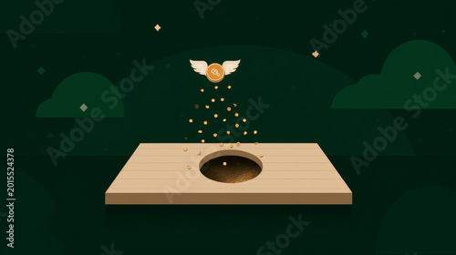Flying coins fall into a hole on a wooden surface in a digital art style with a green background and clouds