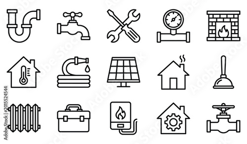 Set of hand drawn home maintenance and utility icons vector illustration water heater line art maintenance plumbing