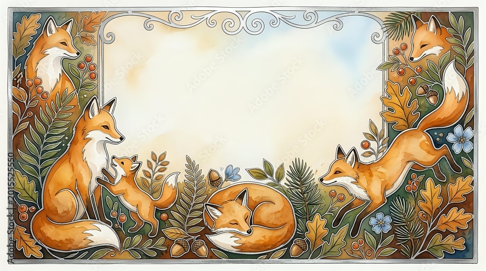 Fototapeta premium Decorative fox border frame with autumn foliage and ornate swirls creates elegant woodland design for invitations, cards and seasonal projects.