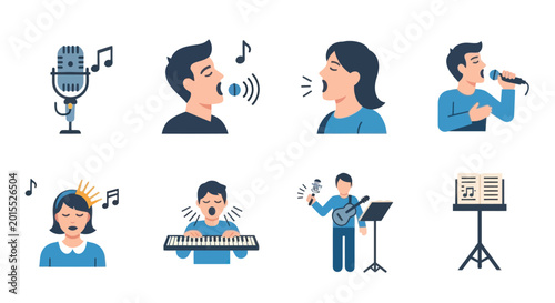 Bild auf Leinwand Singing, Microphone, Keyboard, Guitar and Music Notes Icons