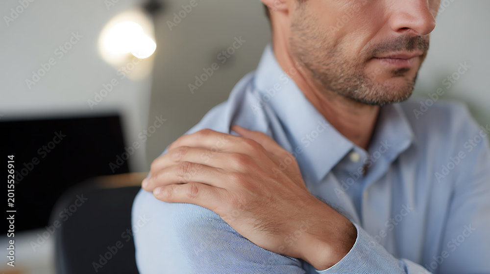 Fototapeta premium Adult man experience shoulder pain, hand rub an injured shoulder, muscle discomfort, joint injury, stress and physical discomfort at work