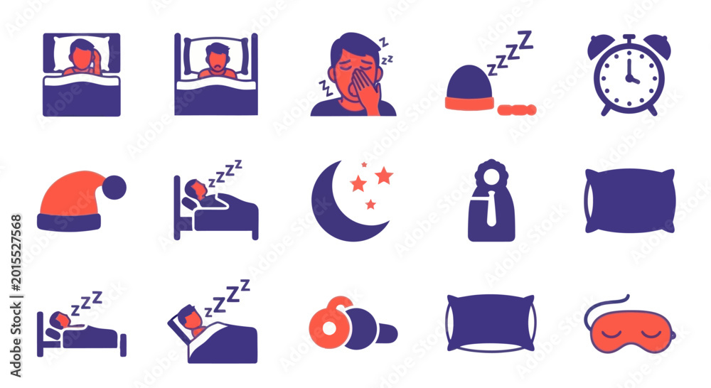 Fototapeta premium Sleep Icons: Bed, Pillow, Moon, Alarm Clock, Eye Mask, Zzz