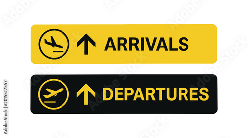 Airport signs showing directions for arrivals and departures against a clean and simple white background
