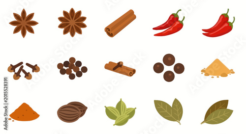 Spices Collection: Star Anise, Chili Peppers, Cinnamon, Cloves, Peppercorns, Cardamom