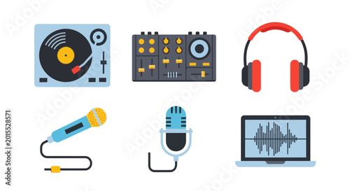 DJ Turntable, Mixer, Headphones, Microphones, and Laptop with Sound Wave