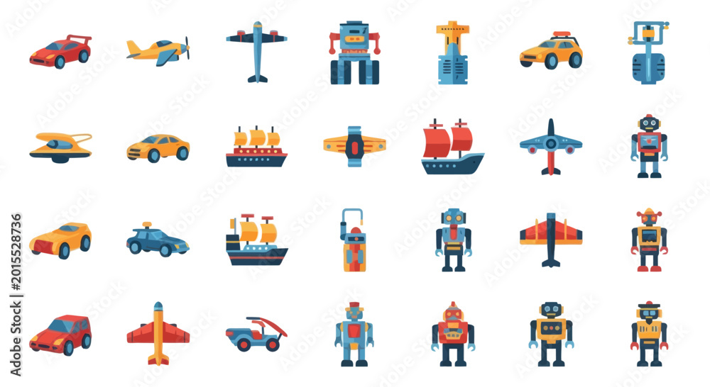 Fototapeta premium Cars, Airplanes, Robots, and Ships: Diverse Transportation and Toy Icons