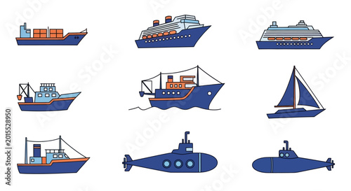 Ships, Boats, Sailboat, and Submarine Nautical Transportation Icons