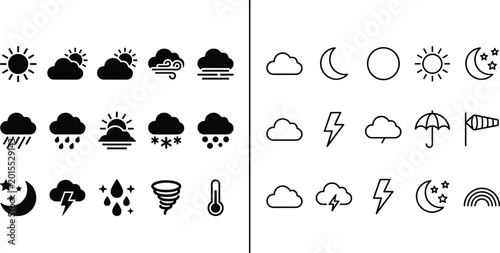 Photography Set of weather forecast icons featuring solid black and thin line styles includi