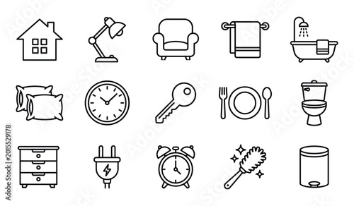 Collection of interior and household icons with interior illustration armchair nightstand furniture bathroom