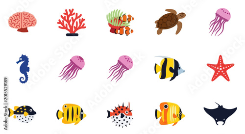 Ocean Life Icons: Coral, Clownfish, Seahorse, Starfish, Turtle, Jellyfish, Ray