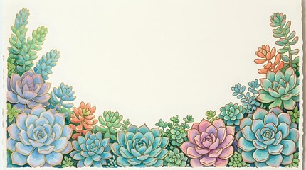 Watercolor succulent plants frame border with colorful echeveria, jade and sedum varieties on cream background for botanical design projects.