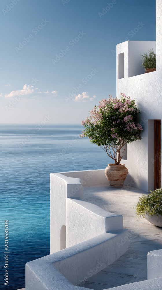 Naklejka premium White mediterranean cliffside architecture with multiple balconies overlooking the tranquil Aegean sea, reflecting clear blue sky and summer vacation calm