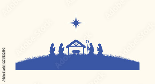 Tableau sur toile Nativity Scene Silhouette with Star of Bethlehem Mary Joseph and Shepherds Blue