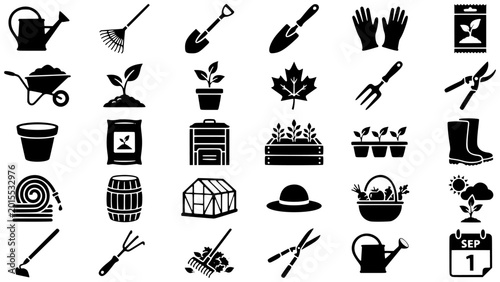 Fall gardening tools silhouette icons
