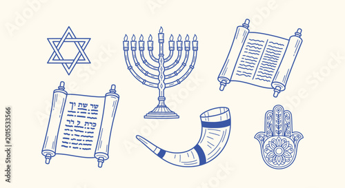 Billede på lærred Jewish Symbols Line Art Set including Star of David Menorah Torah Scroll Shofar