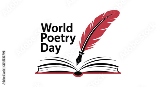 Cuadro en lienzo Red and black feather pen with inkwell and poetry day text